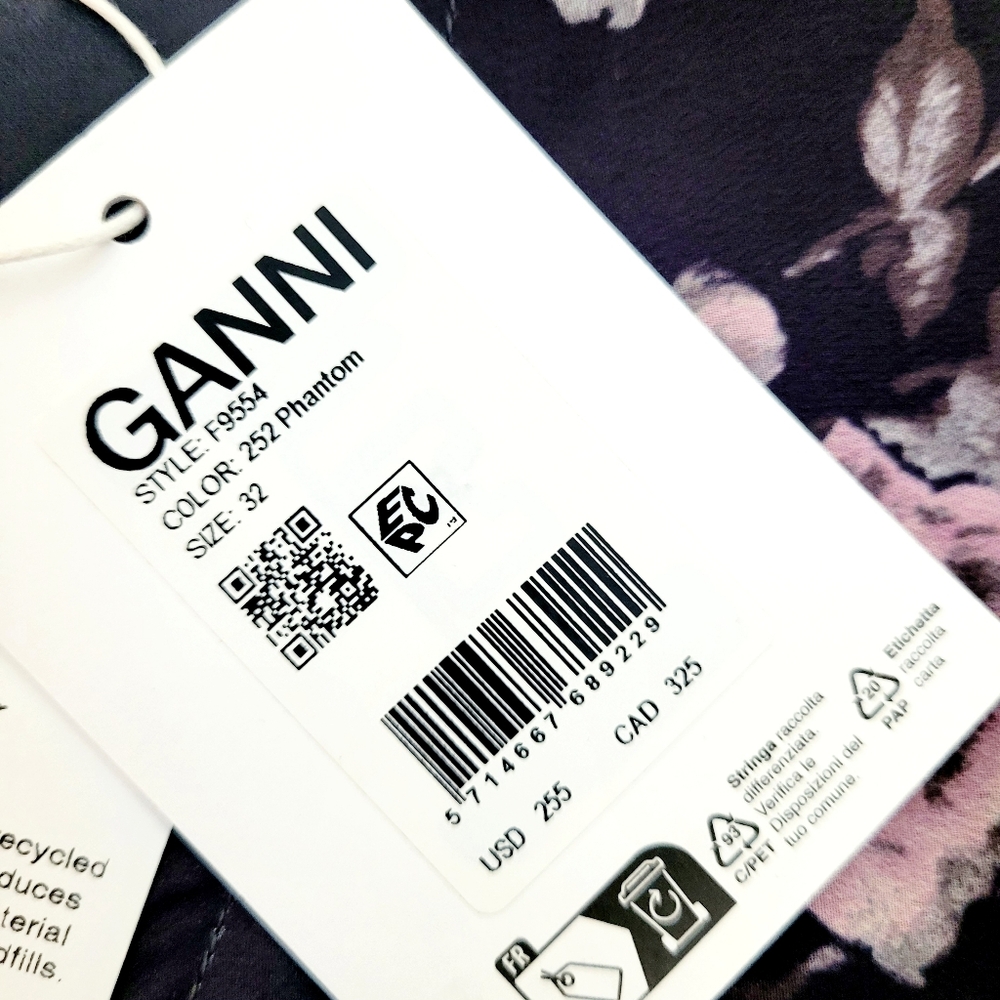 NWT GANNI Pleated Georgette V Neck Flounce Mini Dress In Phantom Floral Size 0 - Picture 10 of 14